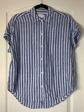 Lola River Linen Blend Striped Shirt Women M Blue White Vacation Coastal Summer